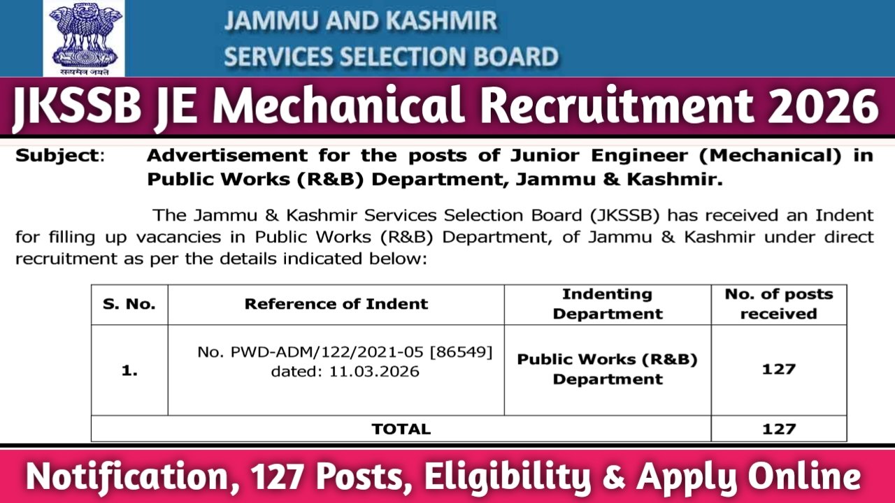 JKSSB JE Mechanical Recruitment 2026: Notification, 127 Posts ...